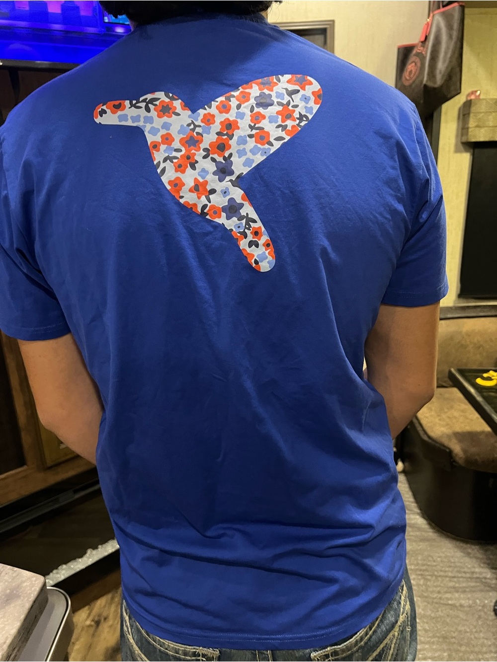 Birddogs Mens Blue Floral Logo Graphic T Shirt Size Large